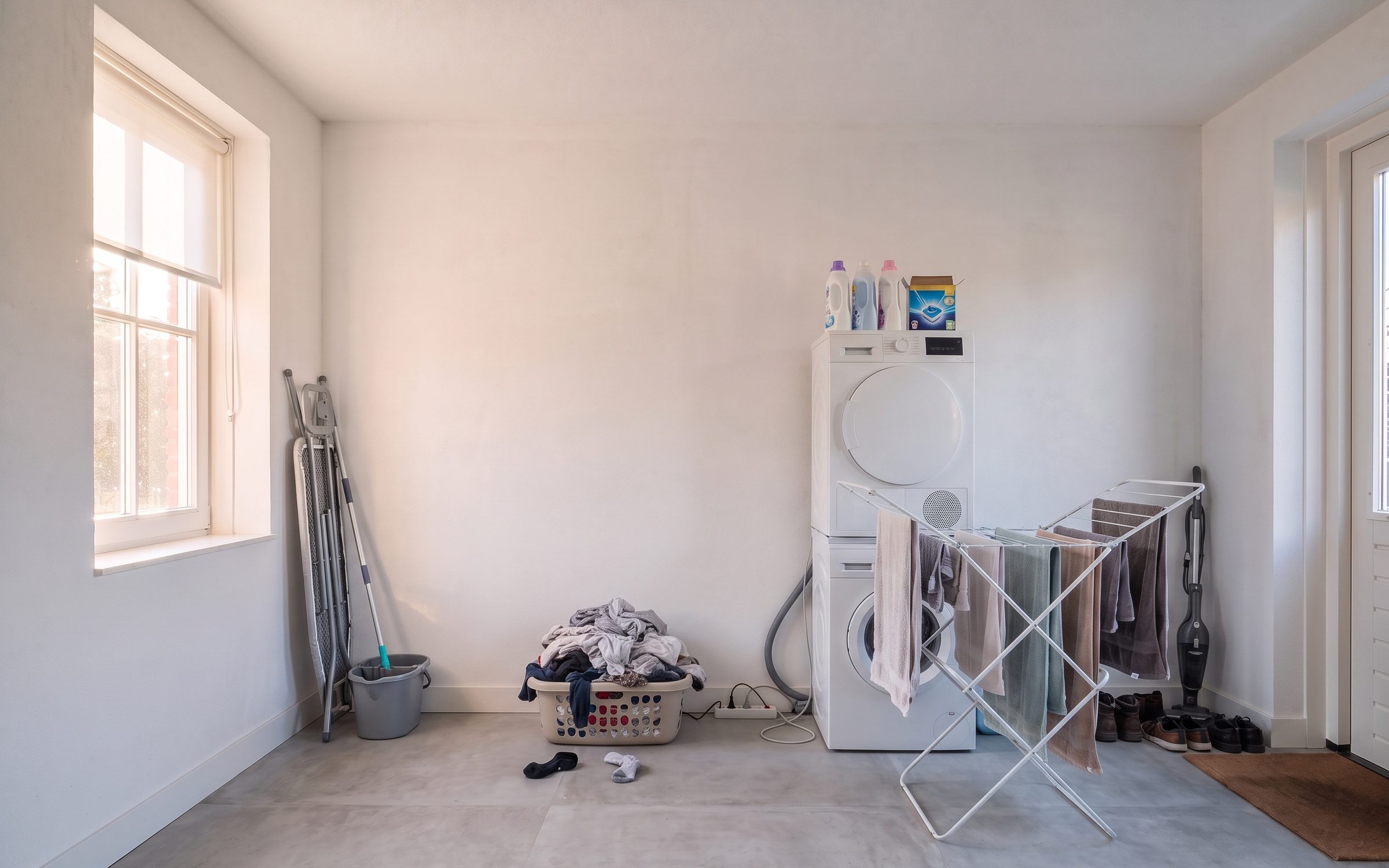 Wasruimte vol rommel: gestapelde wasmachine en droger los tegen de muur, flessen erop, een droogrek, een wasmand, een emmer en een strijkplank.