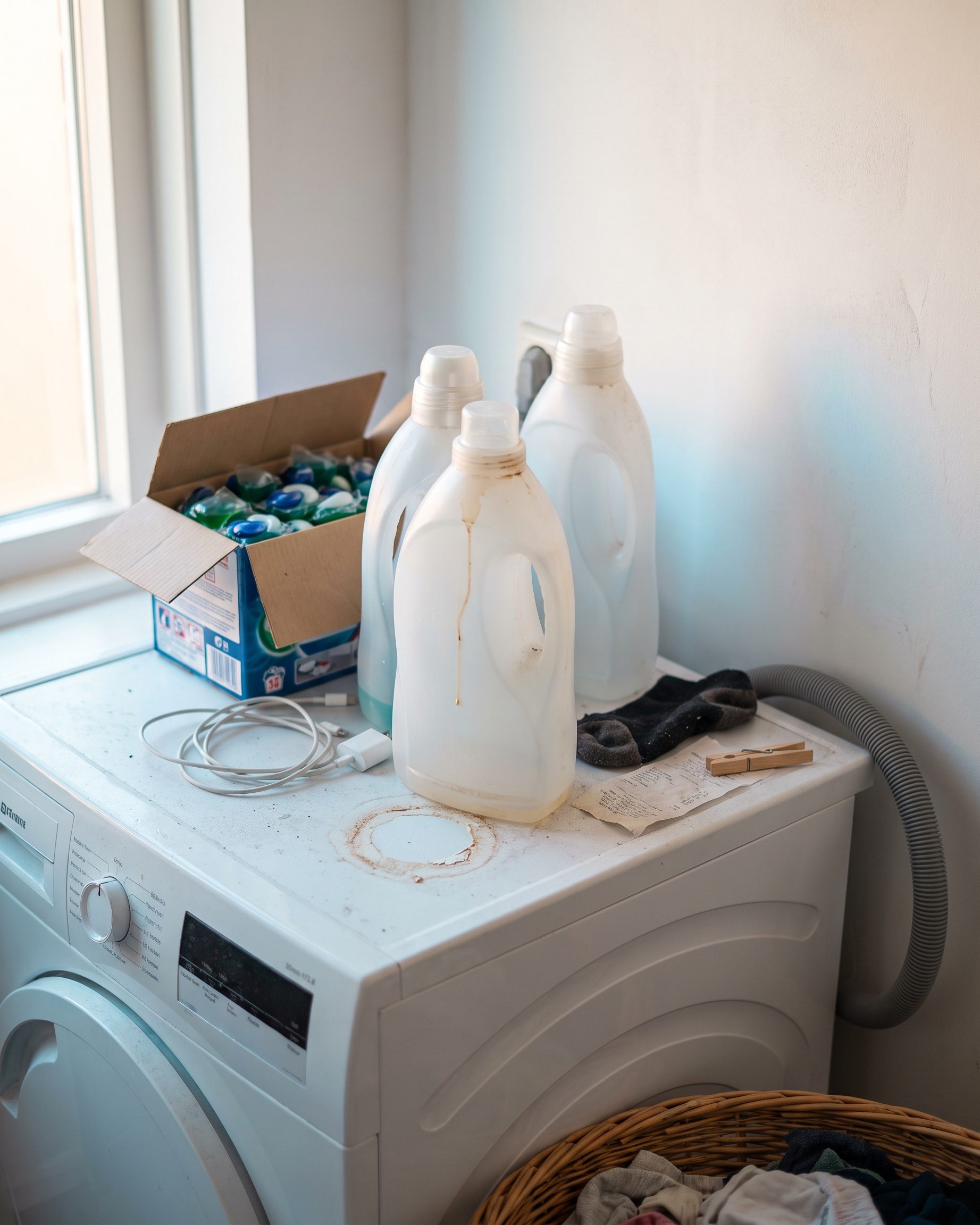 Flessen wasmiddel, een doos wascapsules, een snoer en een wasknijper op een wasmachine, met een wasmand eronder.